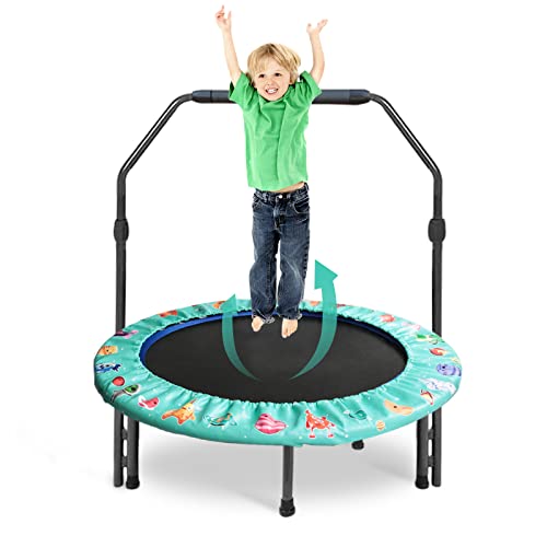 Trampoline de Fitness 92 cm pour Adultes et Enfants avec Poignée Réglable - Mini Trampoline de Fitness Pliable avec Rembourrage de Sécurité pour l'intérieur - Entraînement Cardio(Vert)