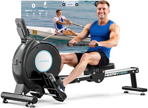 LABGREY Rameur Magnétique pour Salle de Sport à Domicile, Résistance Silencieuse à 16 Niveaux, Capacité 158 kg, Compatible avec Application, Écran LCD, Montage Facile, Rameur pour Entraînement Cardio