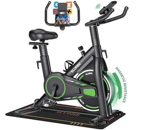 Velo d Appartement, SLUNSE Vélo d'Appartement connecté APPs avec Écran, Vélo d' Stationnaire pour la Maison avec Résistance Magnétique Réglable, Siège Moelleux et Réglage en Hauteur, Roulement 180KG