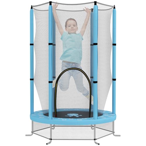 AIYAPLAY Trampoline pour Enfants Ø140 cm, Trampoline extérieur pour Enfants avec Filet de sécurité, Porte zippée, 6 poteaux rembourrés, pour intérieur extérieur, pour 3-6 Ans, Bleu Clair