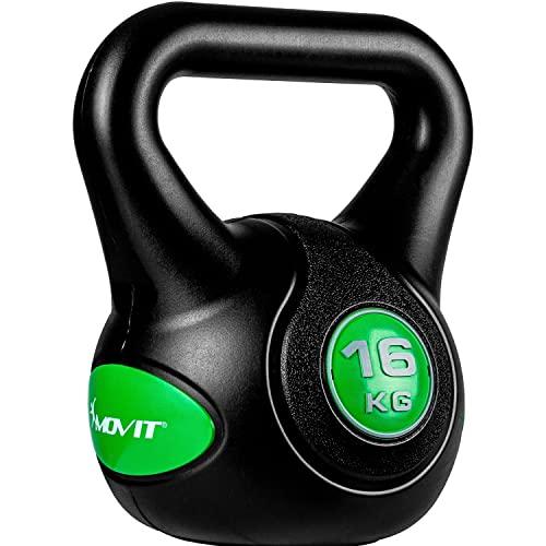 MOVIT Kettlebell Stylish Black, haltère à Boule avec Housse en matière Plastique protégeant Le Sol, 2 kg à 20 kg, testé Contre Les substances nocives, 16 kg Vert