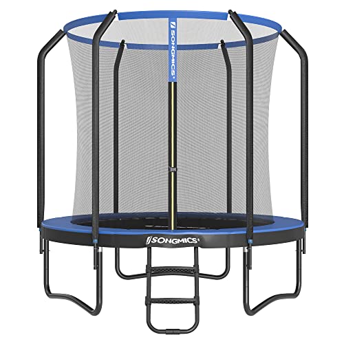 SONGMICS Trampoline Ø 244 cm pour Enfants, Filet de Protection, Poteau de 180 cm de Haut, Coussin de Sécurité, Échelle, Cadre en Acier, Certificat TÜV Rheinland GS, Noir et Bleu STR083Q01