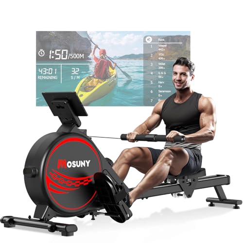 Rameur Musculation D'appartement, MOSUNY 16 Niveaux de Résistance Rameur Magnétique, Glissières doubles améliorées, Ultra silencieux, App-Compatible, LCD-Datenanzeige, Capacité de poids jusqu'à 160 kg