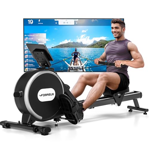 Rameur, DMASUN Rameur Magnétique D'appartement, Rowing Machine Connecter APP avec Écran LCD, 16 Niveaux de Résistance, Mise à Niveau vers Deux Rails, Silencieux, Capacité Maximale 160KG