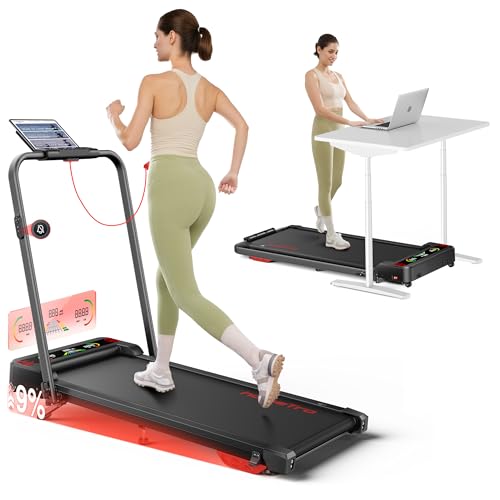 homeTro Tapis de Course Pliable 5-en-1 avec LED Motivantes - Tapis de Marche Inclinable 9%, Moteur Silencieux, Double Écran LED, 1-12 km/h, Compact Walking Pad Maison/Bureau (120kg Max)