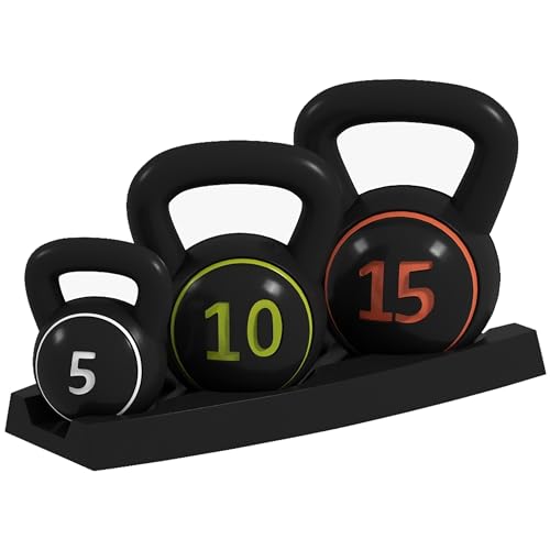 SPORTNOW Lot de 3 Kettlebells, 2,2, 4,5 et 6,8 kg, sports fitness training, grip antidérapant, avec plateau de rangement, noir