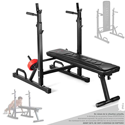 SPORTSTECH - Banc De Musculation BRT300 - Fitness, Musculation Et Renforcement Musculaire - Design Antidérapant - Plaques De Poids Pieds - L.161 x l.68 x H.106-120 cm - Poids Max Utilisateur 170 kg