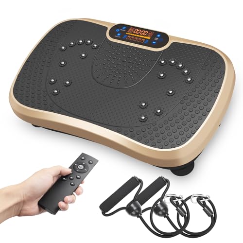 Dripex Plateforme Vibrante & Oscillante-Appareil Fitness, Plaque Vibrante 5 Modes 99 Niveaux d’Intensité, Haut-Parleur Bluetooth Télécommande + Écran LCD - Doré