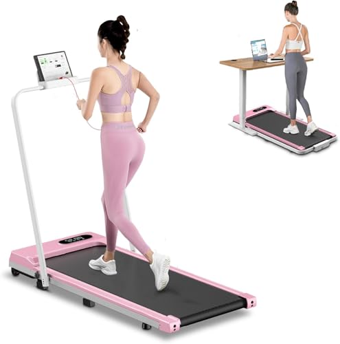 Tapis de Course Électrique Pliant 2 en 1,Walking Pad 1-8 km/h, 2.5HP -Tapis Roulant électrique Extra Large 40cm- Télécommande et Écran LCD-Cadre Renforcé 130KG Max-pour Bureau à Domicile (Rose pâle)