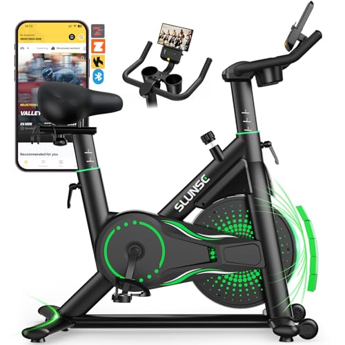 SLUNSE Velo d'appartement pour la Maison, Silencieux Vélo de Fitness d'Intérieur avec Résistance Réglable, velo d appartement avec APP, Support d'haltères, Écran LCD, Siège Confortable, Capacité 180KG