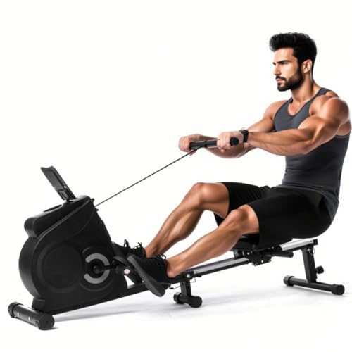 Rameur magnétique Ultra-Silencieux pour la Maison avec 8 Niveaux de résistance - Rameur Compact d'une capacité de 300 LB avec Moniteur LCD et Roues de Transport pour Les Appartements et Les Bureaux