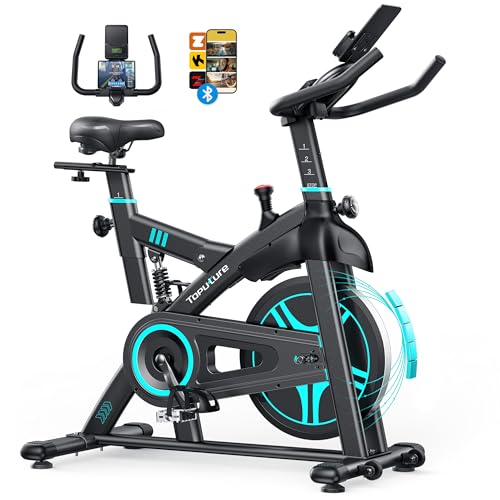 TOPUTURE Vélos D'appartement, Velo D appartement Connecté APP, Vélo d'intérieur avec silencieux, Vélo d'Exercice Résistance Magnétique 100 Niveau, Absorption des chocs, LCD Ergomètre, Capacité 160KG