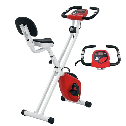 HOMCOM Vélo d'appartement pliable - Collaboration Aosom.fr x FFHandball - 8 niveaux de résistance magnétique avec dossier selle réglable écran LCD multifonction capteur fréquence cardiaque rouge
