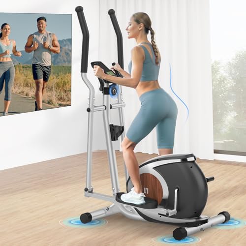 Vélo Elliptique Magnétique avec 16 Niveaux de Résistance, Appareil Elliptique Ultra-Silencieux pour la Maison, Écran LCD, Porte-Bouteille, Capacité de Charge de 120KG Argenté