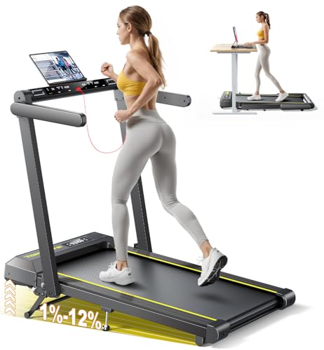 Tapis de Course, Vitesse Max 16 km/h, réglage de la Pente à 3 Vitesses, Max Pente 12%, Bande de Course Large 42cm, 2.5 HP, Tapis de Course électrique Pliable, Double écran LED, Mesure de la fréquence
