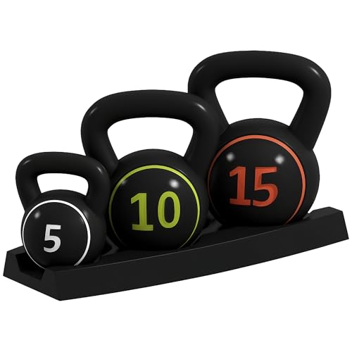 SPORTNOW Lot de 3 Kettlebells, 2,2, 4,5 et 6,8 kg, sports fitness training, grip antidérapant, avec plateau de rangement, noir