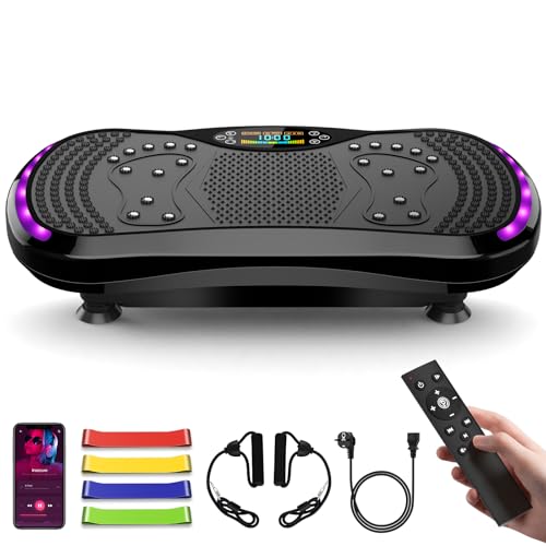 Plateforme Vibrante, Plaque Vibrante Fitness avec 200 Niveaux d'Intensité, 9 Programmes Sport, Haut-Parleur Bluetooth, Télécommande, Bandes et Cordes de Résistance , Écran LED, Capacité de 200 kg
