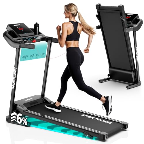 Sportconic Tapis de Marche 1-12KM/H, Tapis de Course Pliable et Inclinable, Tapis Roulant, avec 12 Programmes, Affichage LED et Cardio-Fréquencemètre