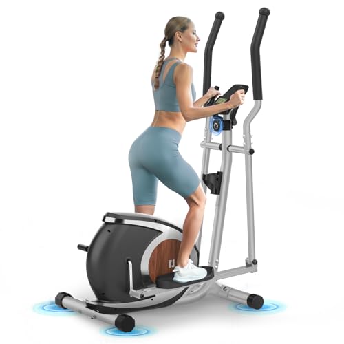 Vélo Elliptique avec Soutenir l'APP Bluetooth Fitness, 16 Niveaux de Résistance Réglables, Écran LCD, Porte-Bouteille, Appareil Elliptique Ultra-Silencieux pour La Maison Capacité Max 120KG (Argenté)