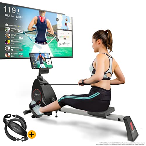 Sportstech RSX400 Rammeur - Marque Allemande de qualité -Video Events & multijoueur APP, Ceinture de fréquence Cardiaque avec rameur pour Votre Maison, Pliable avec 8X magnétorésistance