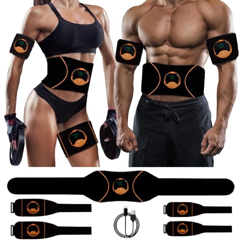 Ceinture Electrostimulation Abdominale, Electrostimulateur Musculaire, Ceinture Abdominale EMS Appareil Pas Besoin de Feuilles de Gel USB Charge Femme Homme Entraînement pour Abdomen/Bras/Jambes 5 Pcs