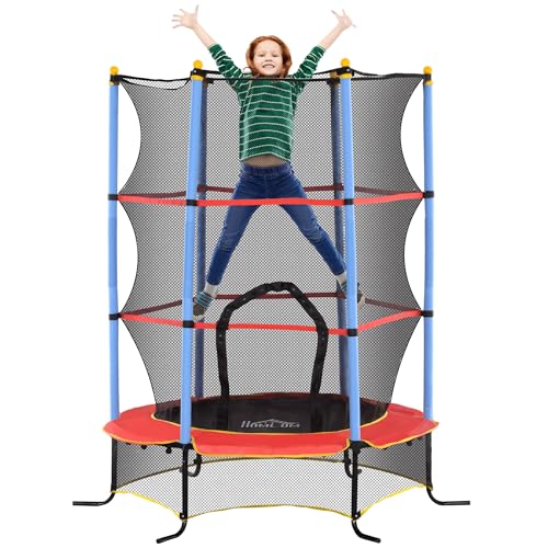 HOMCOM Trampoline Enfant Ø 1,75 × 1,90H m Filet de sécurité Porte zippée Couvre-Ressorts 6 poteaux rembourrés Inclus Noir Rouge Bleu