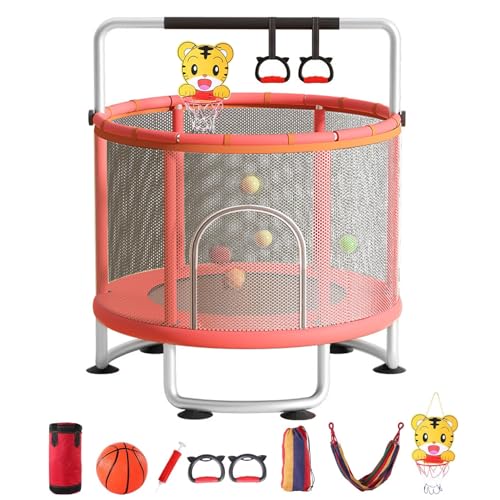 Trampoline enfant, trampoline ajustable pour bébés avec panier de basket-ball, balançoire, sac de sable, balles océan, trampoline enfant de 440lbs pour l'intérieur et l'extérieur avec filet d'enceinte