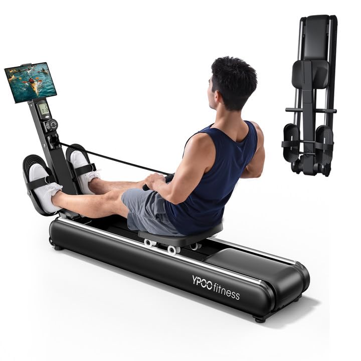 YPOO Rameur Pliable Musculation D'appartement, Rameur Magnétique Silencieux,16 Niveaux Résistance Réglable, Rails Doubles, Connecter APP, Écran LCD, Capacité Max 160KG, Assemblage Facile
