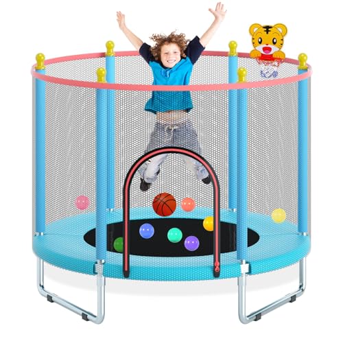 150cm Trampoline pour Enfants de pour l'intérieur et l'extérieur avec Filet de Sécurité, Panier de Basket et Tapis de Saut Robuste - étanche, Réglable et Capacité de Charge Jusqu'à 200kg